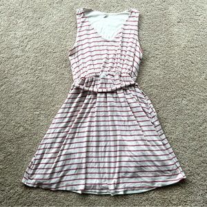 Pinkblush | Cream with Thin Pink Stripes V-Neck Tie Waist Sleeveless Lined Dress